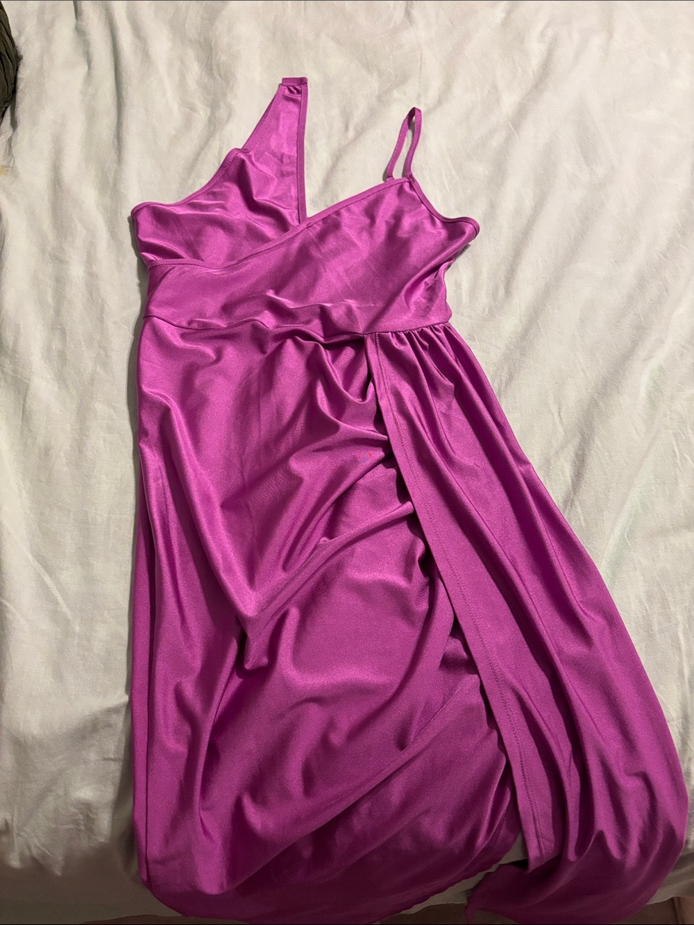 SHEIN like One-Shoulder Fuchsia Satin Maxi Dress